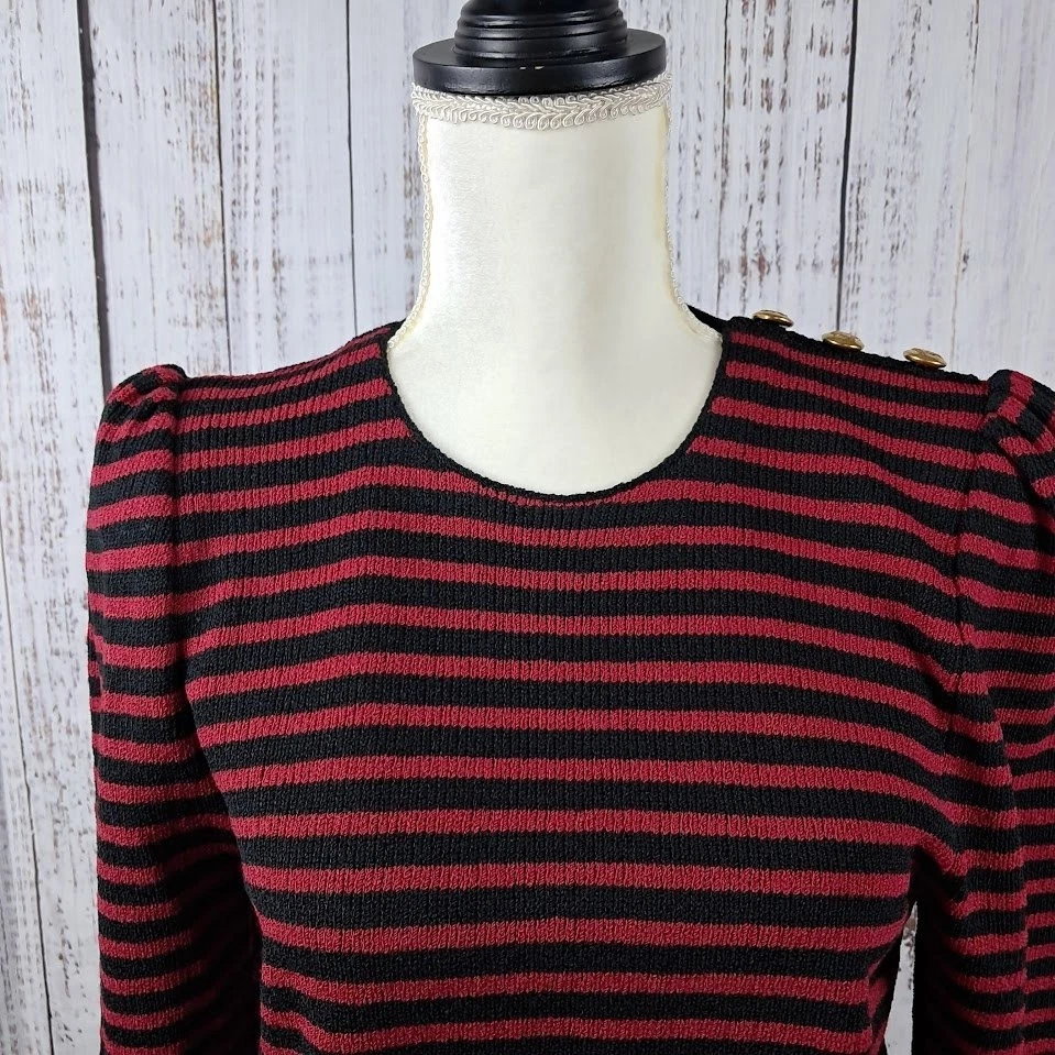 Винтажный свитер 80-х ADOLFO SAKS FIVE AVENUE S красная черная полоса с пухлыми плечами - Изображение 3 из 4