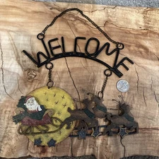 Metal Christmas Welcome Sign Santa Clause Reindeer Sleigh 27 X 17” Hanging Folk