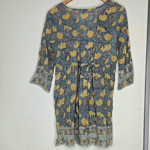 Tree of Life Size S Boho Hand Block Floral Long Sleeve Tunic Blouse - Picture 2 of 7