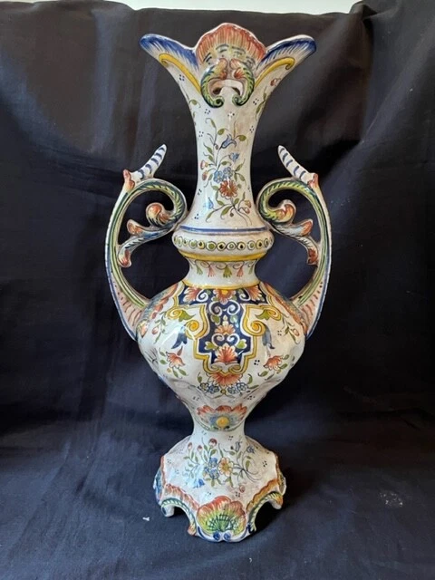 Rouen France Hand Painted Signed Antique Floral Vase circa 1885