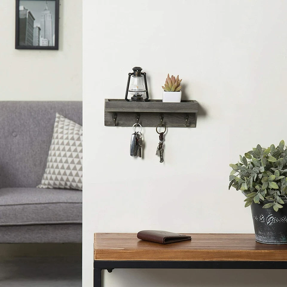 MyGift Vintage Grey Wood Wall Mounted Entryway Shelf with 4 Antique Metal Hooks - Image 3 of 4