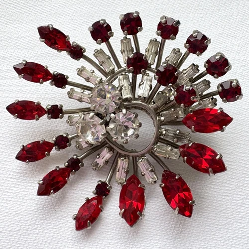 Vintage 1940s Starburst Pinwheel Red & Clear Rhinestone Brooch Pin Jewelry