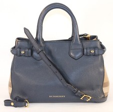BURBERRY Small Banner House Check Pebbled Leather Tote Bag Regency Blue