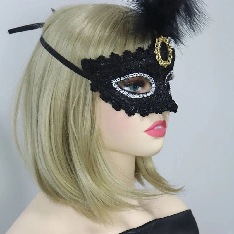 Black Masquerade Mask | With Crystal & Faux Feather Decor - Image 3 of 3