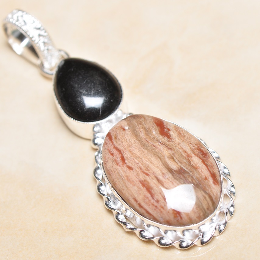Pendentif En Bois Pétrifié D'Arizona Et Argent 925 - Fait Main, 2,75 Pouces, #P10432