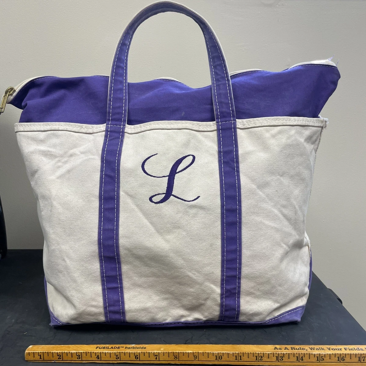 Vintage LL Bean Boat And Tote Bag USA Made Purple Canvas Short Straps Zipper Top