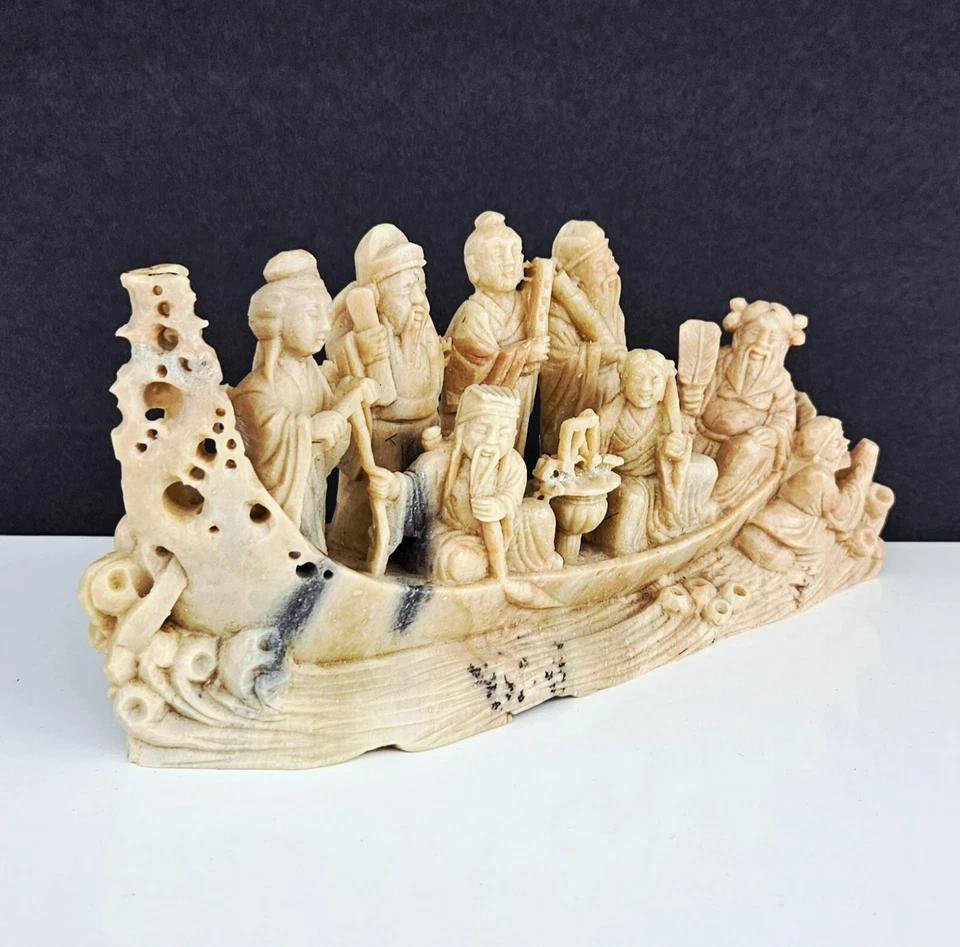 Escultura de pedra-sabão esculpida chinesa antiga oito imortais no barco - Imagem 4 de 4