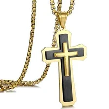 Fashion Men Golden Stainless Steel Cross Pendant Necklace Hip Hop Chain Gift