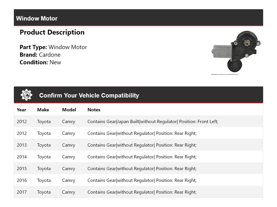 Para Toyota Camry 2012-2017 Ventana Motor Cardone 2013 2014 2015 2016 Foto 2 de 4