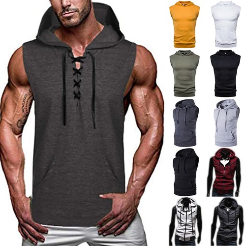 Mens Sleeveless Hoodie Workout Gym 