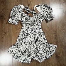 💥 PrettyLittleThing Dalmatian Print Puff Sleeve Mini Dress UK 8 Frill Hem