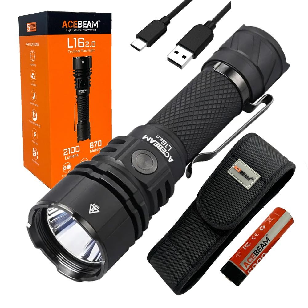 acebeam l16 rechargeable flashlight ACEBEAM L16 2.0 Flashlight Luminus SFT-40 2100 Lumens w/Eco Sensa Charging  Cable