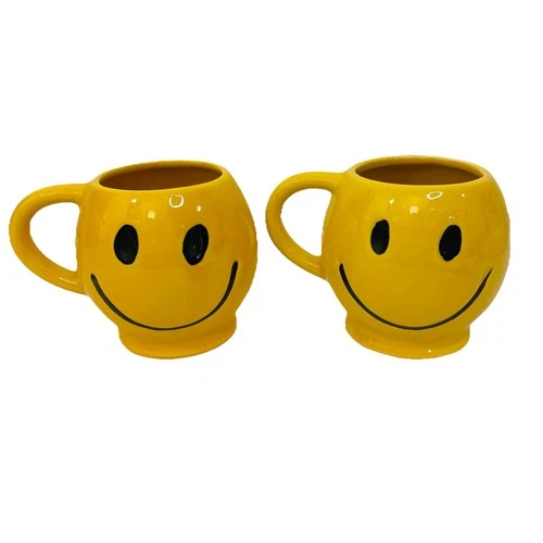 2 Vintage McCoy Smiley Happy Face Yellow And Black Coffee Cup Mugs Handpainted