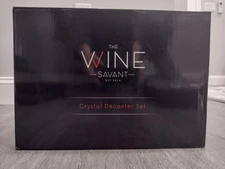 The WINE Savant Crystal Decanter Set w/ 4 Glasses & Oak Base New Open Box