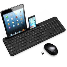 Black Wireless Keyboard, Mouse, Full-Sized Ergonomic, Phone Holder, 2.4GHz