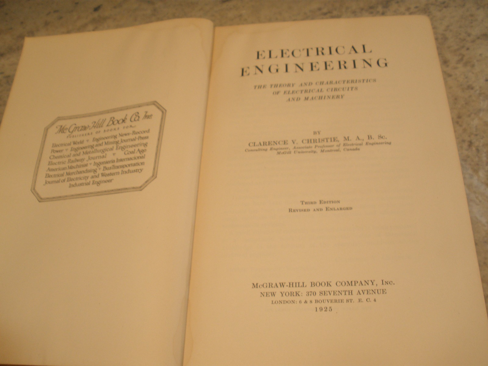 ELECTRICAL ENGINEERING CLARENCE CHRISTIE HC 1925 ILLUSTRATED (B39)