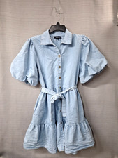 Hint of Blush Denim Shirt Dress Large Puff Sleeve Tiered Mini Ruffle Size L