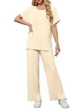 Womens Wide Leg Pants Set Short Sleeve Top 2 Piece Loungewear Outfit Blue