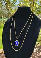 VTG Goldette NY 2 Strand Blue Guilloche Necklace Gold Tone Victorian Revival 
