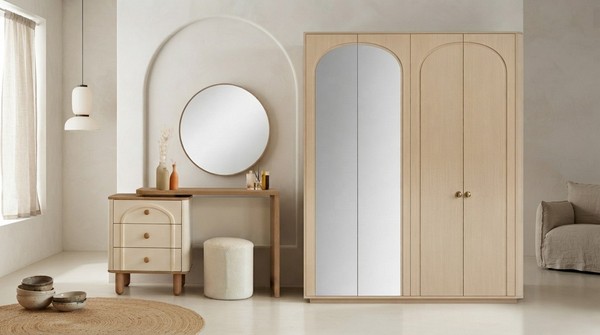 Kleiderschrank Schminktisch Set Beige Modern Luxus Spiegel Hocker-image