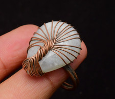Rainbow Moonstone Gemstone Copper Wire Wrapped Handmade Jewelry Ring Size 8.5