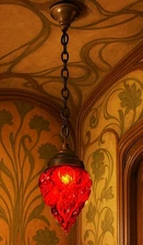 Antique Art Nouveau Bronze Pendant Light Edwardian c1910 patinated Flame Shade