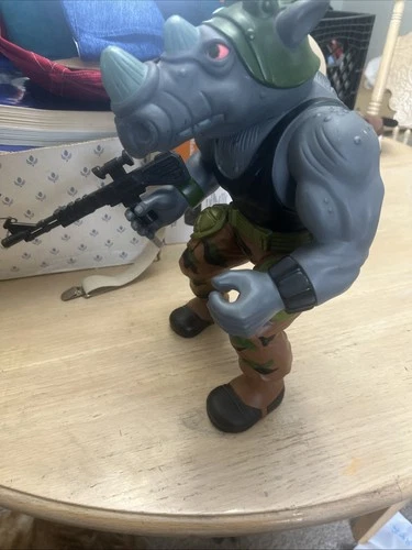 Vintage Ninja Turtles TMNT Rocksteady Action Figure With Gun 13" Playmates 1990