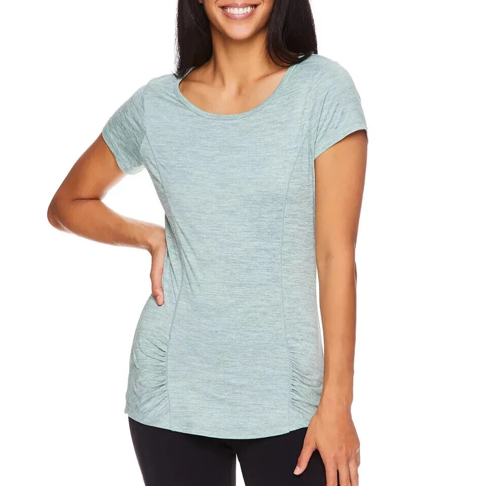 NWT Gaiam Women's Yoga Top Open Back Ruched Tee Slim Fit Sage Green Heather  L