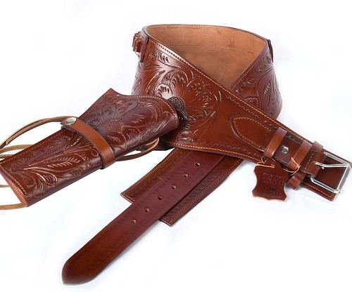 Western Leather Holster Gun Belt 44 / 45 Brown Hand Made Cowboy Revolver Pistol - Picture 11 of 32
