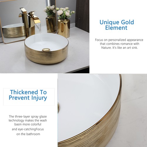 US Round Bathroom Sink Golden Ceramic Basin Waterfall Spout Deck Mount Brass Tap - Picture 4 of 6