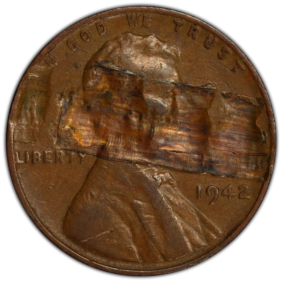 1942 Lincoln Cent Mint Error PCGS VF30 Obv Lamination with Planchet Strip 1C - Image 2 of 4