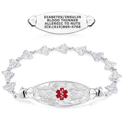 Divoti Medical Alert ID Women Bracelet w/Trinity Knot Custom Engraved Angel Wing