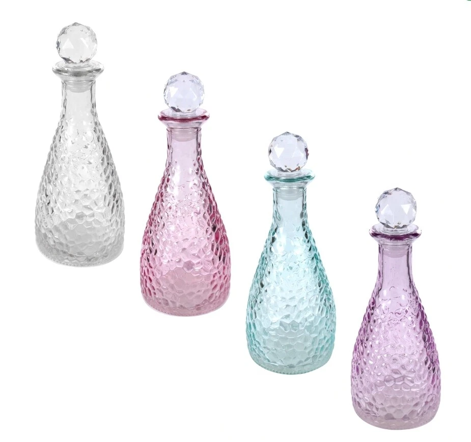 Decorative Hammered Glass Bottles with Stoppers 6.875 x 2.625 in.