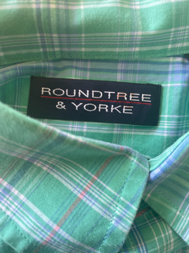 Roundtree & Yorke Mens Large- Blue Plaid No Iron Dress Shirt - Picture 6 of 7
