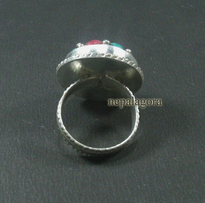 R23 Handmade size 10.5 Turquoise Coral Glass Tibetan Silver Finger Ring Nepal - Image 4 of 4