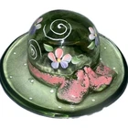 Vintage Fenton Hand Painted Glass Green Floral Hat. Excellent Condition!