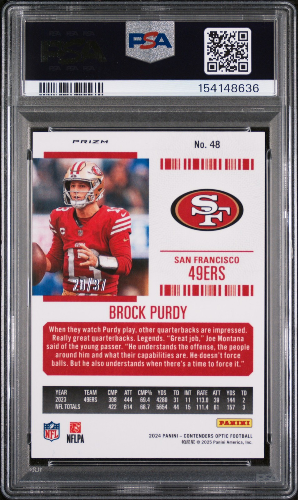 2024 PANINI CONTENDERS OPTIC PURPLE PULSAR #48 BROCK PURDY 20/37 PSA 8 view 2