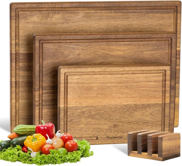 Schneidebrett Set 3-Teilig Akazie Holz Mit StäNder KüChe Kochen Geschenk-image