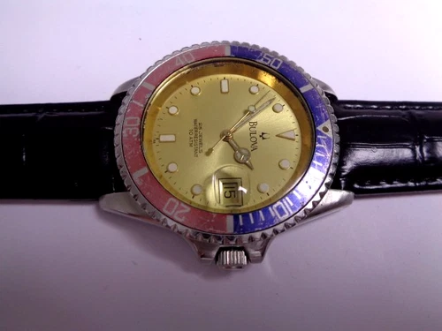 Bulova Diver Mens Watch Automatic Date Calendar Gold Dial Leather 25jewels