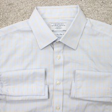 Charles Tyrwhitt Shirt Mens 17, 35 Blue/Yellow Non Iron Slim Fit 100 Cotton L/S