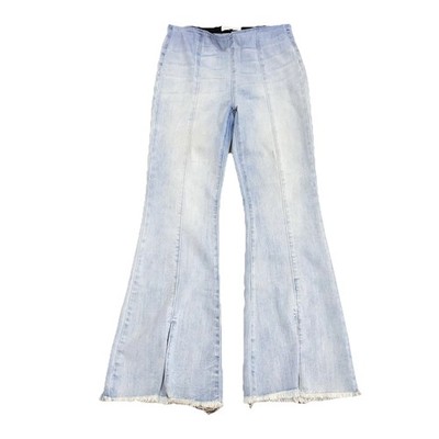 Risen Elastic Waist Jeans L Flare Front Seam Slit Raw Hem Boho Hippie Retro