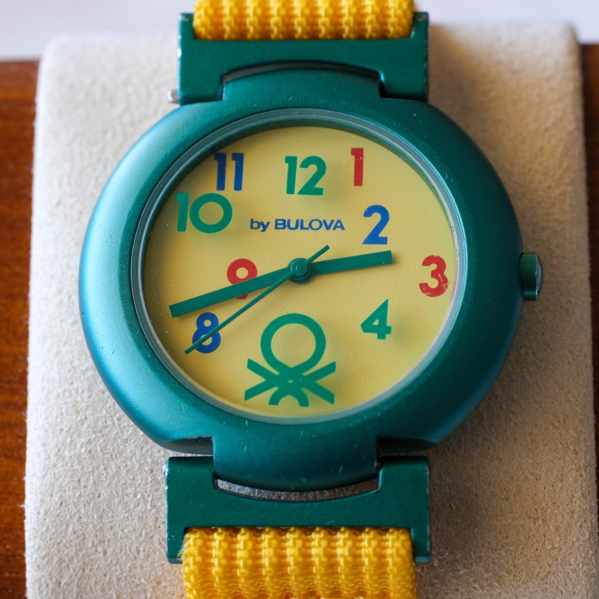 Benetton by Bulova Vintage 90s Quartz Watch Teal Yellow Nylon
