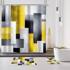 Abstract Geometry Grey Yellow 4Pcs Bathroom Shower Curtain Set with Rugs