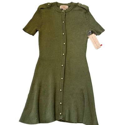 French Connection Olive Green Ribbed Knit Button Front Short Sleeve Dress XS