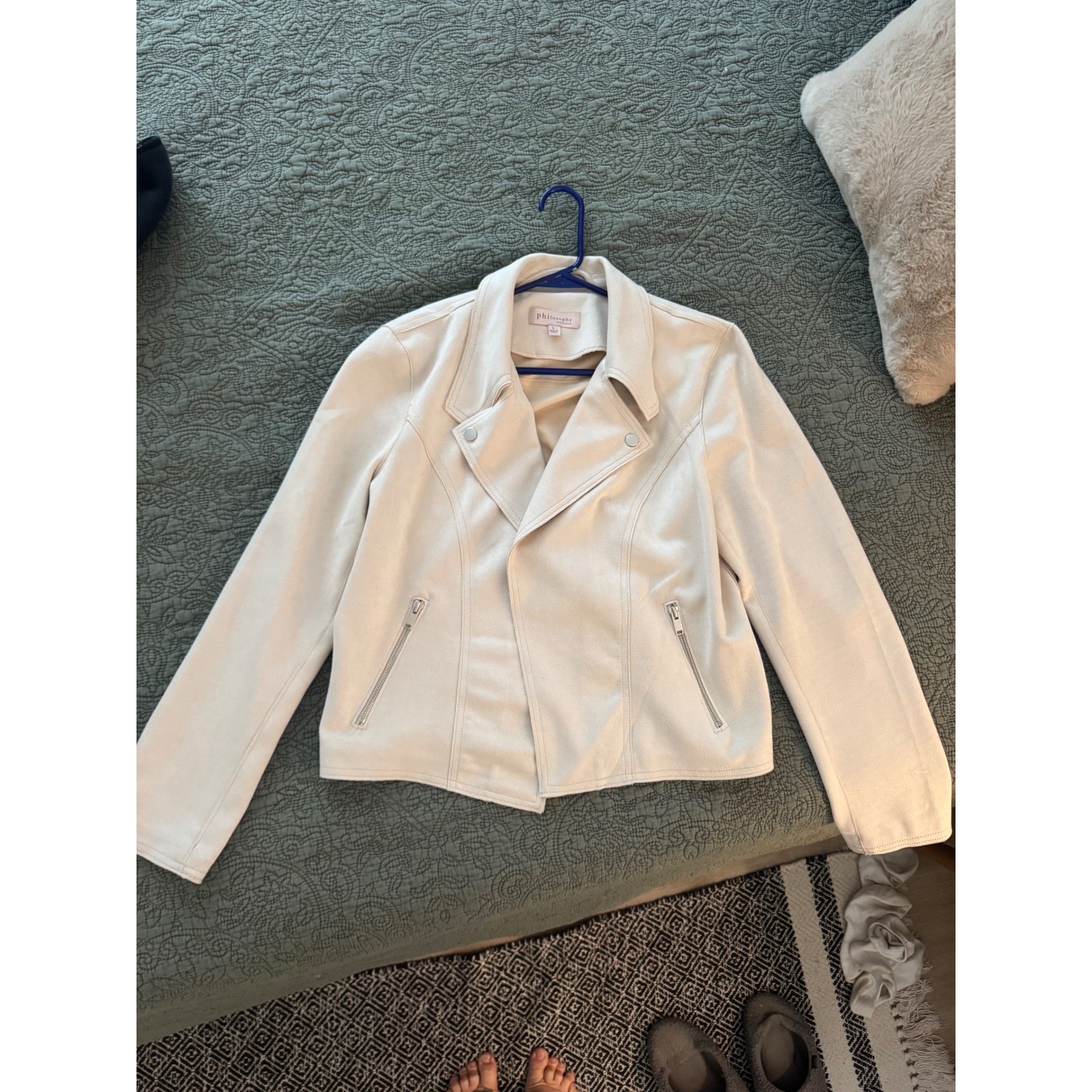 Philosophy Apparel Moto Jacket Faux Suede Womens L Cream Full Zip