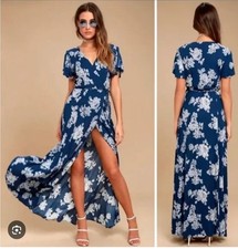 Lulus Heart of Marigold Navy Blue Floral Print Wrap Maxi Dress Women's Small