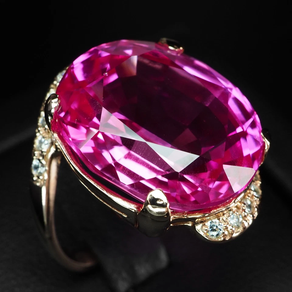 Brillantes anillos de oro rosa de plata de ley 925 de 26,15 quilates de turmalina rosa fucsia Foto 3 de 4