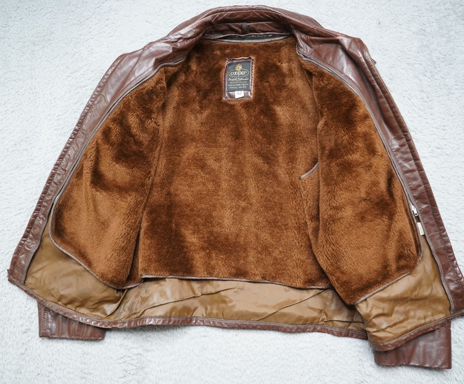 Vintage 70s Cooper Bomber Leather Jacket Mens 42R Brown Lined Talon Zip Designer