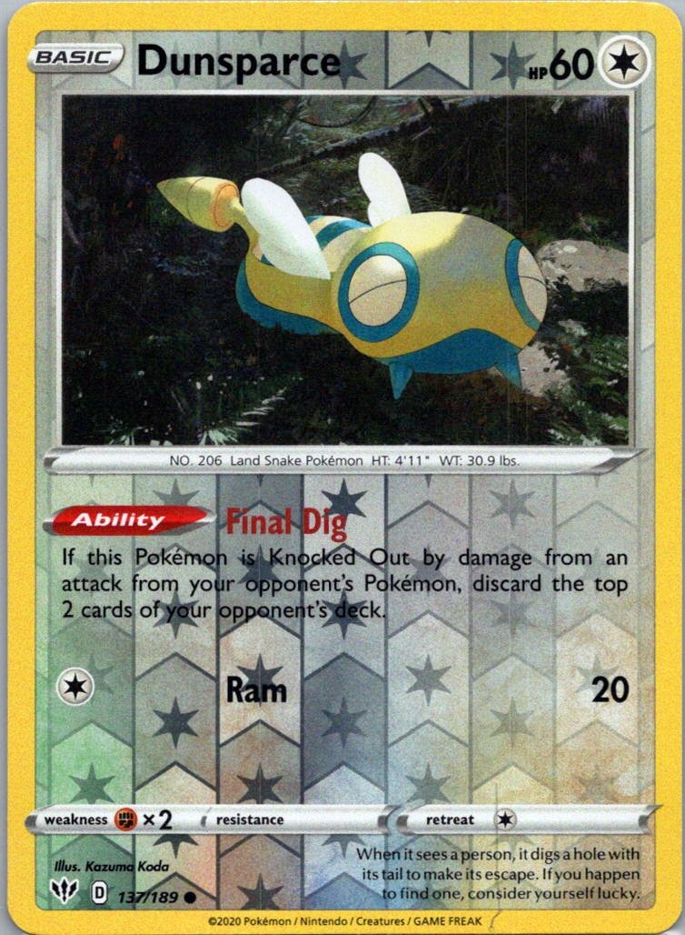 Pokemon TCG Dunsparce 137/189 Darkness Ablaze Rev Holo NM