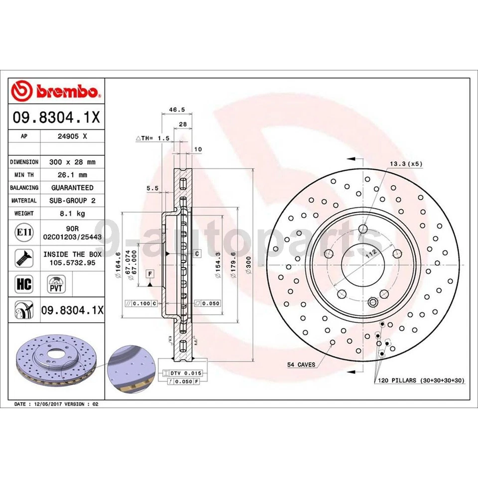 Передние и задние тормозные диски Brembo с просверленным покрытием для Mercedes-Benz E300 1999 года выпуска - Изображение 2 из 4